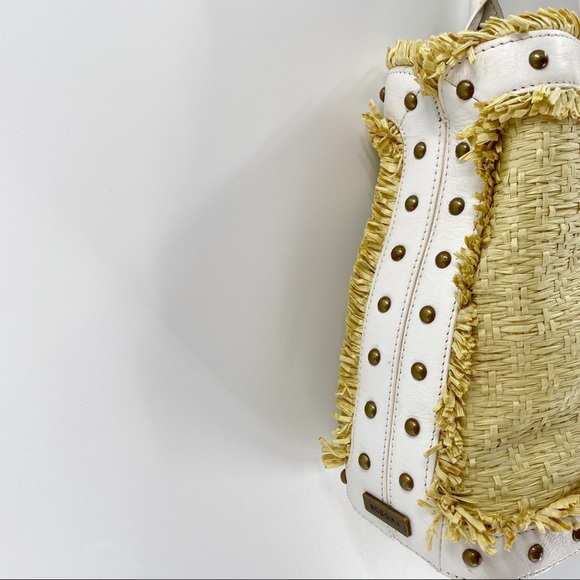 BCBGIRLS White Vegan Leather Straw Studded Tote - Picture 4 of 14